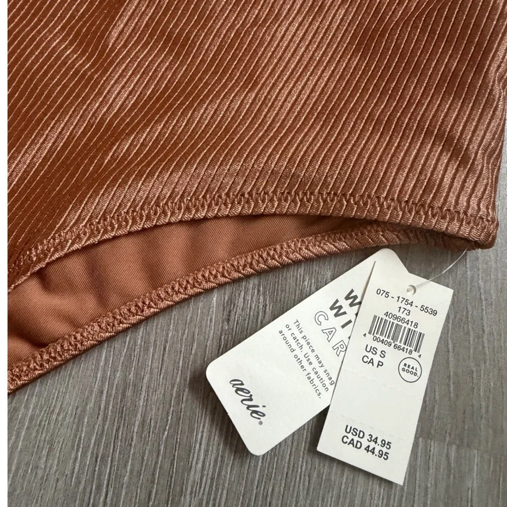 Aerie High Waisted Cheeky Bikini Bottom Ribbed Copper Brown Small